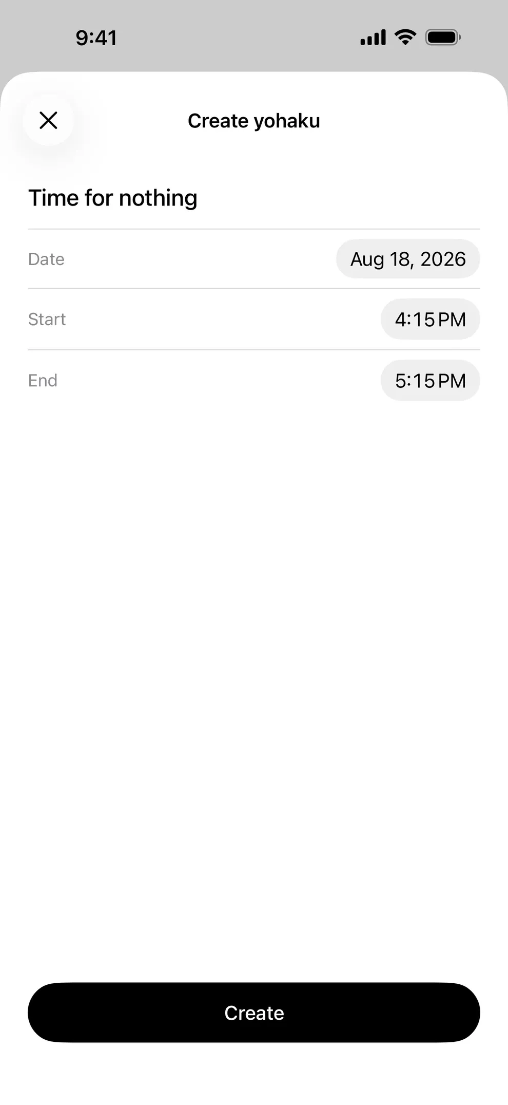 Yohaku’s create screen, with suggested names and date, start and end times