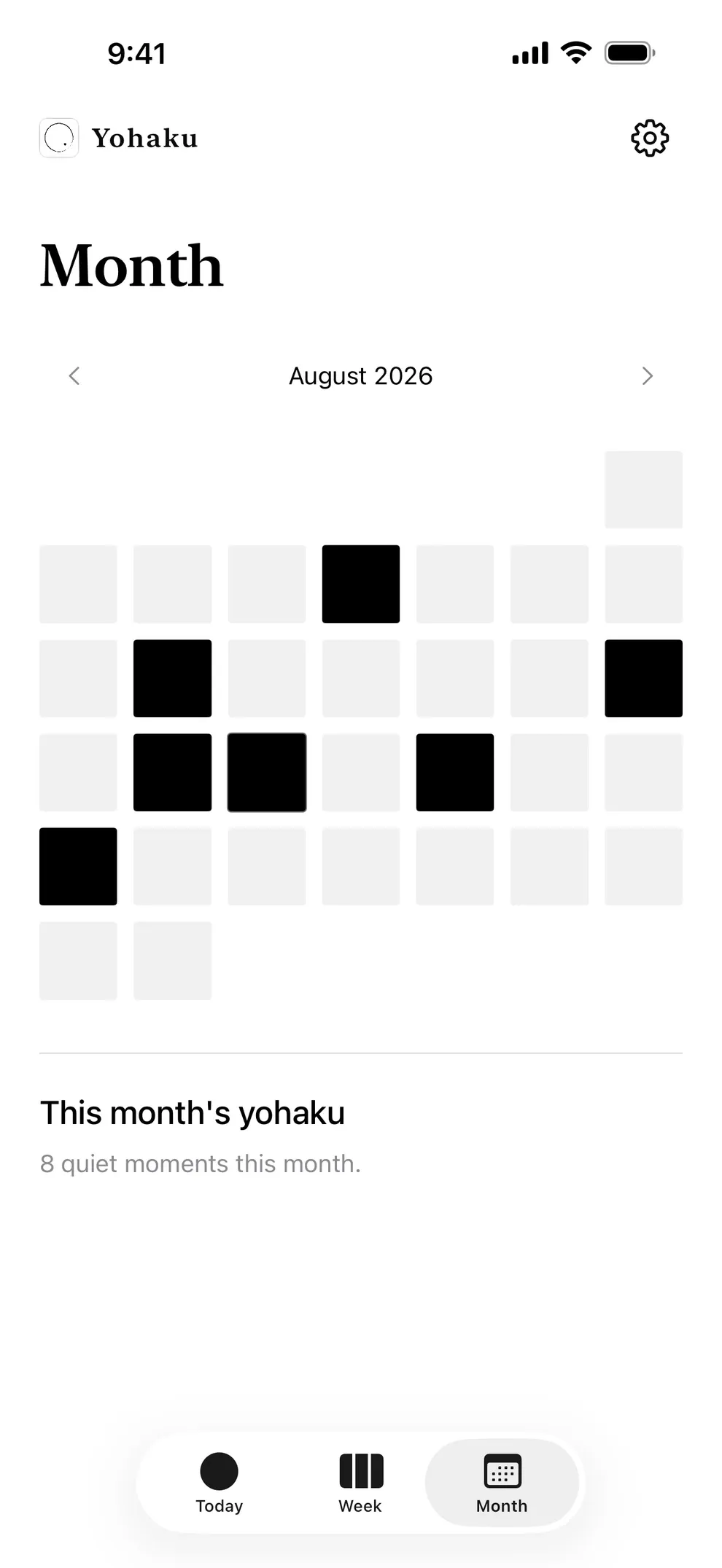 Yohaku’s Month screen, with days that hold a space marked on the calendar