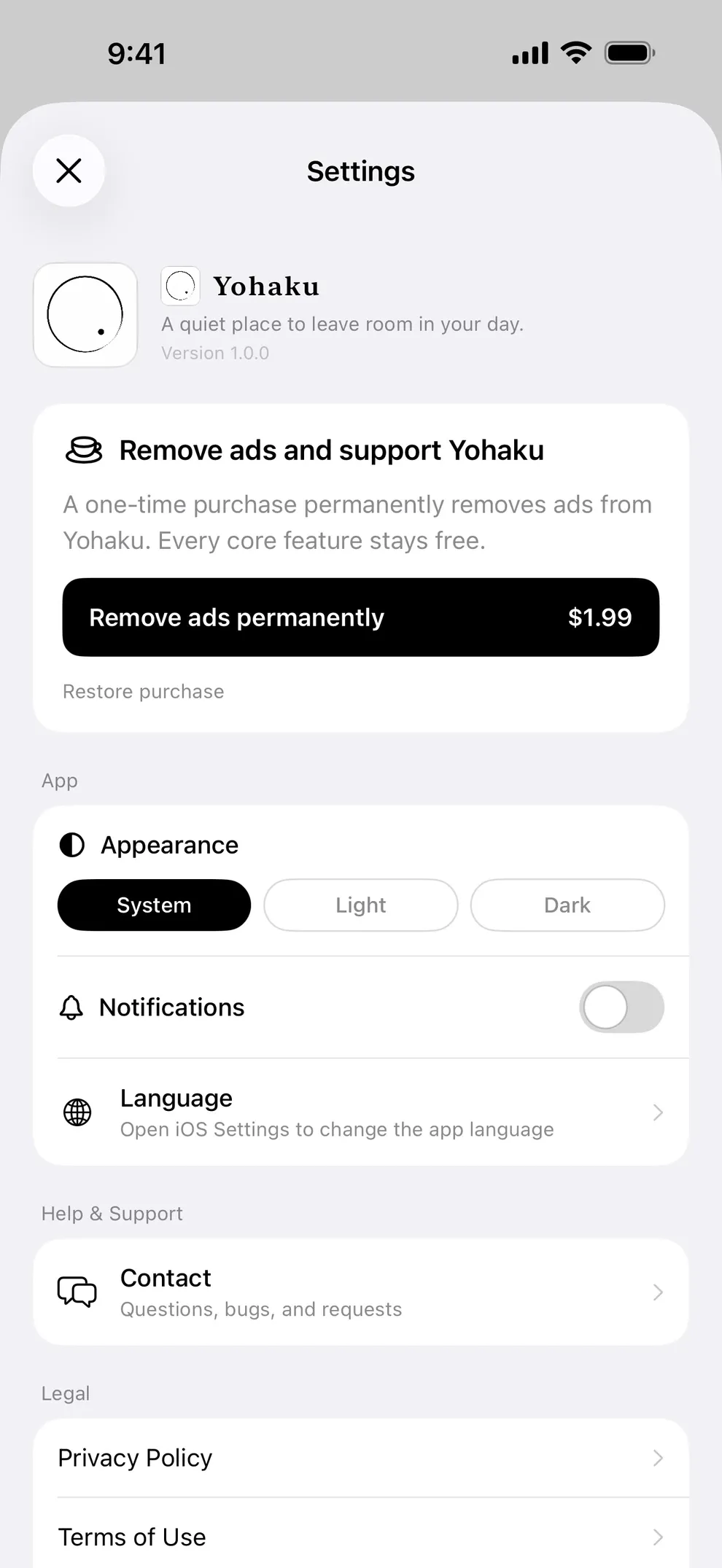 Yohaku’s Settings screen, showing the one-time ad-removal purchase alongside appearance and notification settings