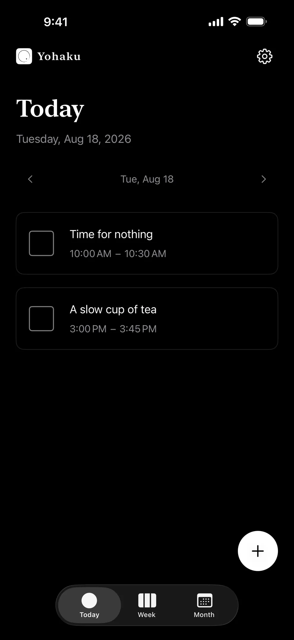 Yohaku’s Today screen in dark mode, with the day’s spaces listed as cards