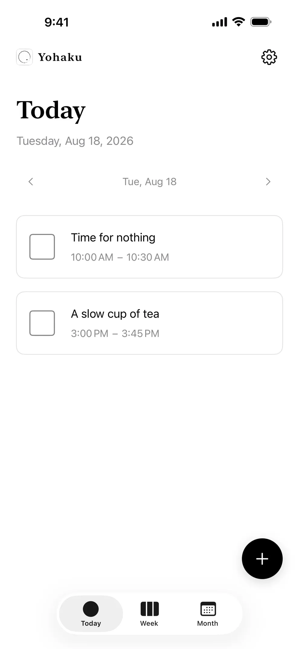 Yohaku’s Today screen, with the day’s spaces listed as cards