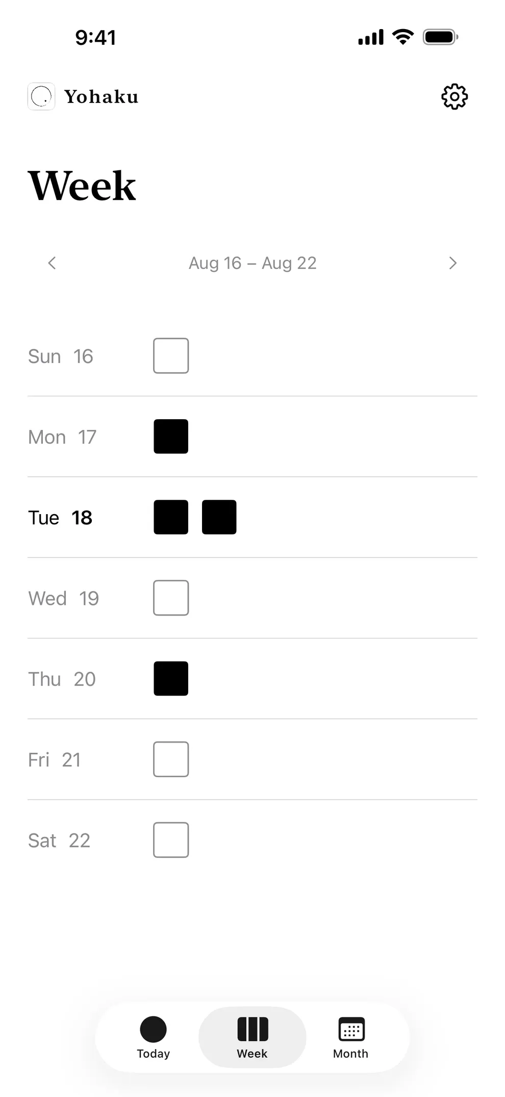 Yohaku’s Week screen, with each day’s spaces shown as filled squares